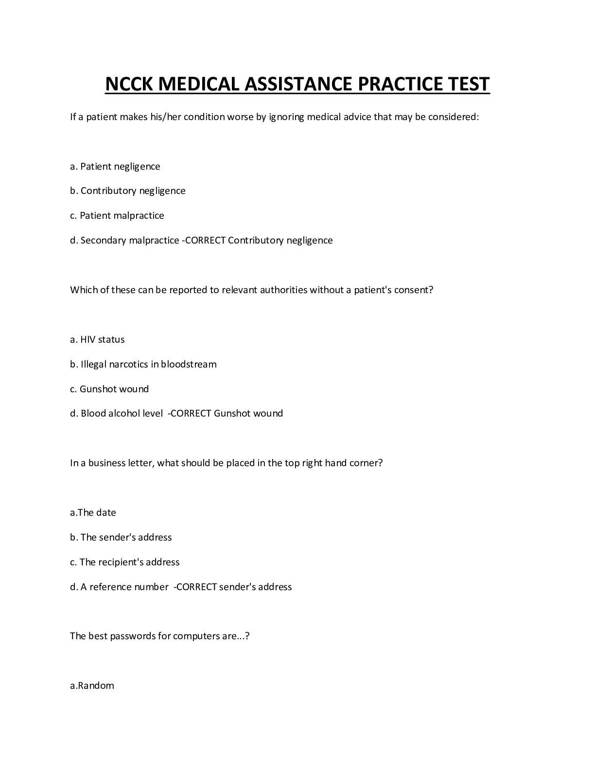 Preview image of NCCK MEDICAL ASSISTANCE PRACTICE TEST document